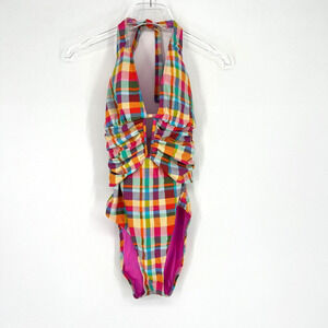 Into‎ The Bleu Swimsuit Womens 10 One Piece Rainbow Plaid Plunge Ruched Halter
